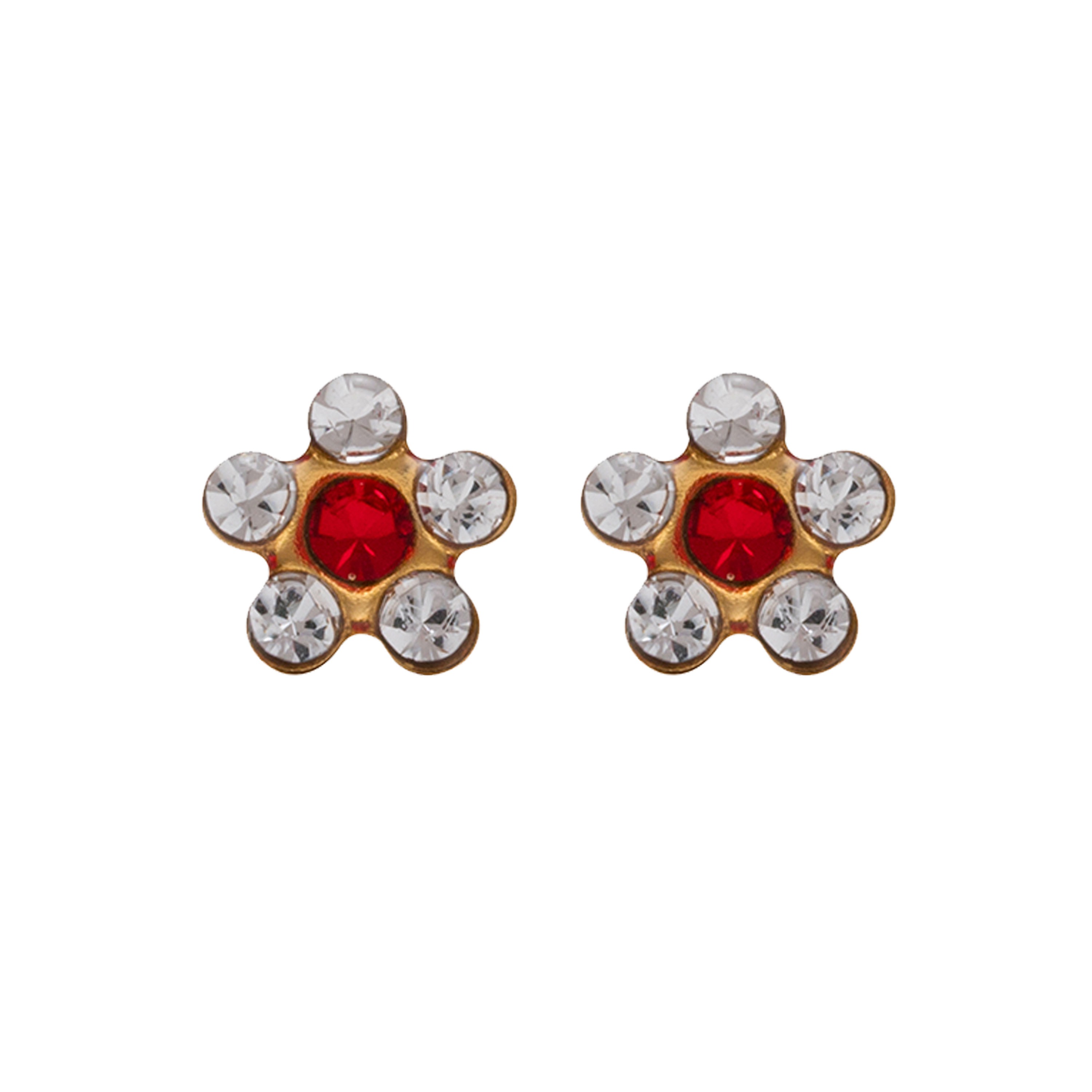 Daisy (Flower) - April Crystal - July Ruby – Red | 24K Pure Gold-Plated Piercing Earrings with Cartridge | Studex System75