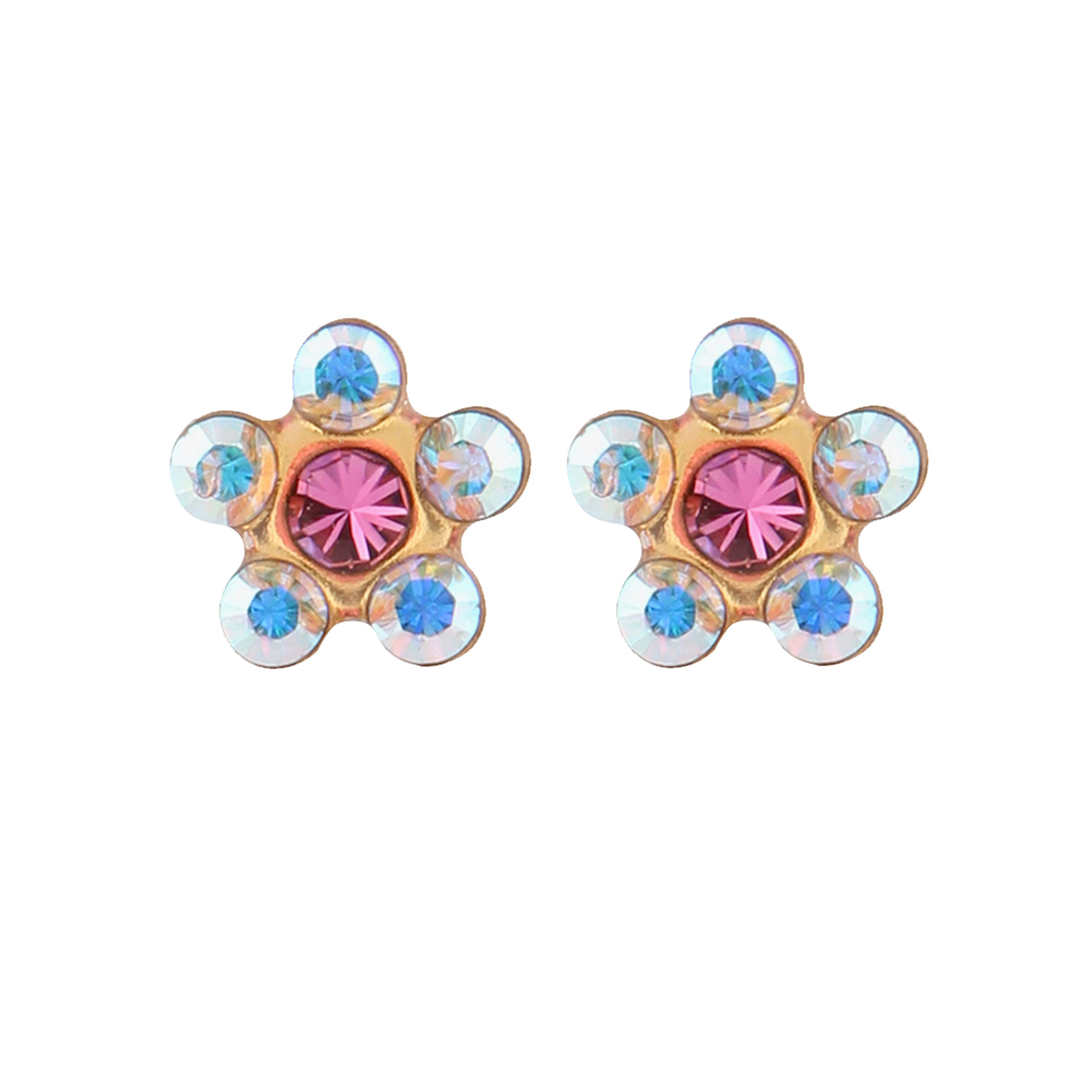 Daisy (Flower) - AB Crystal - Oct Rose – Light Blue & Pink | 24K Pure Gold-Plated Piercing Earrings with Ear Piercing Cartridge | Studex System75
