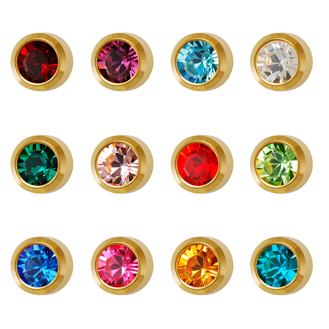 2MM Bezel - Assorted (Multi-color) | January - December Birthstone | 24K Pure Gold Plated Piercing Earrings | Studex Universal Machine (12 Pair Kit)